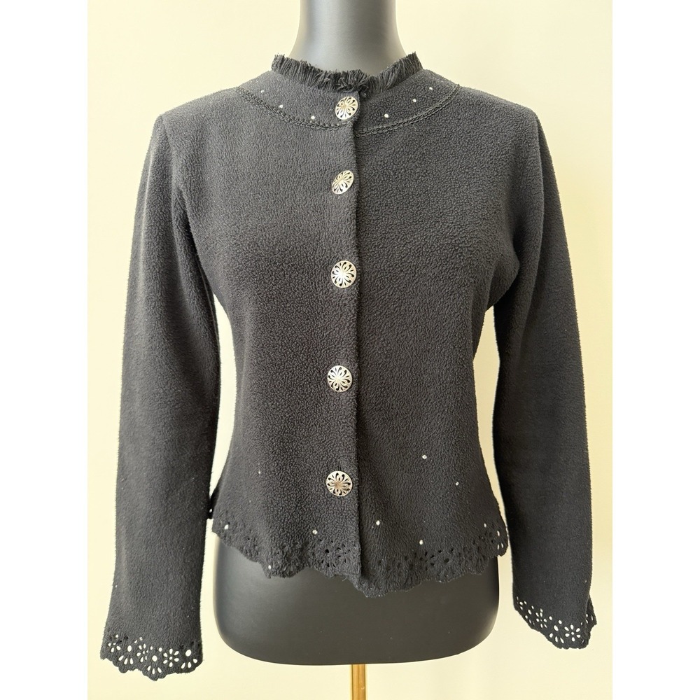 ASAP Women's S Cardigan Sweater Black Embroidered Detail Silver Buttons